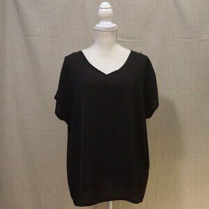 Rainbow Black Cap Sleeve V Neck Boxy Button Shoulder Detail Blouse Women’s 1X